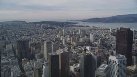 5K aerial stock footage of flying by downtown skyscrapers with the Golden Gate in the distance, Downtown San Francisco, California Aerial Stock Footage | DFKSF06_048