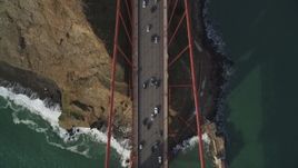 5K aerial stock footage of a bird's eye of traffic on the Marin Hills side of Golden Gate Bridge, San Francisco, California Aerial Stock Footage | DFKSF06_092