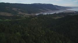 5K aerial stock footage approach Bolinas Lagoon from forest and mountains, Point Reyes National Seashore, Olema, California Aerial Stock Footage | DFKSF06_139