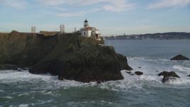 5K aerial stock footage approach Point Bonita Lighthouse, and fly over to reveal Golden Gate Bridge, San Francisco, California Aerial Stock Footage | DFKSF06_158