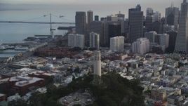 5K aerial stock footage flyby Coit Tower, revealing skyscrapers in Downtown San Francisco, California Aerial Stock Footage | DFKSF06_170