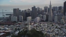 5K aerial stock footage orbit Coit Tower, reveal Transamerica Pyramid and skyscrapers, Downtown San Francisco, California Aerial Stock Footage | DFKSF06_173
