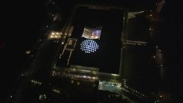 5K aerial stock footage of a bird's eye view of California Academy of Sciences, San Francisco, California, night Aerial Stock Footage | DFKSF07_048