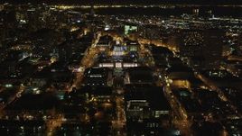 5K aerial stock footage fly over Fulton Street, tilt to reveal city hall, Civic Center, San Francisco, California, night Aerial Stock Footage | DFKSF07_051