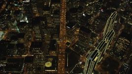 5K aerial stock footage of a bird's eye of Market Street and skyscrapers, Downtown San Francisco, California, night Aerial Stock Footage | DFKSF07_071