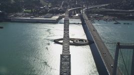 5K aerial stock footage of passing the Carquinez Bridge and Carquinez Strait, Crockett, Vallejo, California Aerial Stock Footage | DFKSF08_036