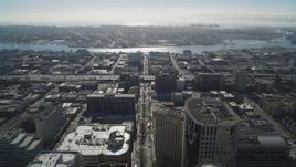 5K aerial stock footage of following Broadway toward the 880 freeway in Downtown Oakland, California Aerial Stock Footage | DFKSF09_016