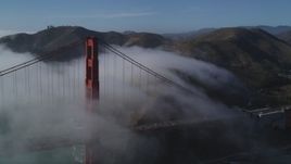 5K aerial stock footage of a view of the fog-shrouded Golden Gate Bridge and Marin Hills, San Francisco, California Aerial Stock Footage | DFKSF09_027