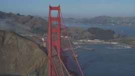 5K aerial stock footage of passing a tower on the Marin side of the Golden Gate Bridge, San Francisco, California Aerial Stock Footage | DFKSF09_042
