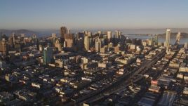5K aerial stock footage of approaching skyscrapers in Downtown San Francisco, California at sunset Aerial Stock Footage | DFKSF10_013