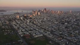 5K aerial stock footage of approaching Russian Hill and Downtown San Francisco skyscrapers, California, sunset Aerial Stock Footage | DFKSF10_044