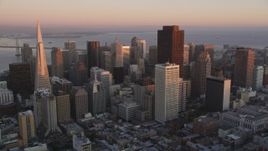 5K aerial stock footage of approaching city skyscrapers, Downtown San Francisco, California, sunset Aerial Stock Footage | DFKSF10_047