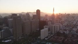 5K aerial stock footage lying by downtown skyscrapers, Downtown San Francisco, California, sunset Aerial Stock Footage | DFKSF10_050