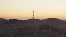 5K aerial stock footage of a view of Sutro Tower from Downtown San Francisco, California, sunset Aerial Stock Footage | DFKSF10_057