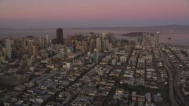 5K aerial stock footage of approaching Downtown San Francisco skyscrapers, California, twilight Aerial Stock Footage | DFKSF10_058