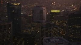 5K aerial stock footage of flying over city's downtown skyscrapers in Downtown San Francisco, California, twilight Aerial Stock Footage | DFKSF10_075