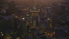 5K aerial stock footage of approaching San Francisco City Hall in Civic Center, San Francisco, California, twilight Aerial Stock Footage | DFKSF10_078