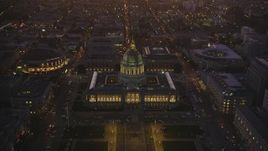 5K aerial stock footage of an approach to San Francisco City Hall in Civic Center, San Francisco, California, twilight Aerial Stock Footage | DFKSF10_079