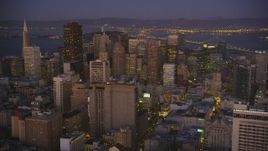 5K aerial stock footage of approaching Downtown San Francisco skyscrapers, California, twilight Aerial Stock Footage | DFKSF10_081