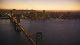 5K aerial stock footage of the Bay Bridge and the Downtown San Francisco skyline, California, twilight Aerial Stock Footage | DFKSF10_087