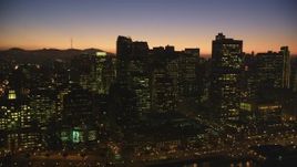 5K aerial stock footage of passing skyscrapers in Downtown San Francisco, California, twilight Aerial Stock Footage | DFKSF10_091