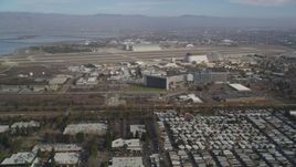 5K aerial stock footage of flying by Moffett Field and NASA Ames Research Center, Mountain View, California Aerial Stock Footage | DFKSF11_019
