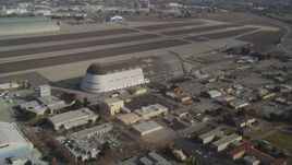 5K aerial stock footage tilt from NASA Ames Research Center, reveal Hangar One at Moffett Field, Mountain View, California Aerial Stock Footage | DFKSF11_020