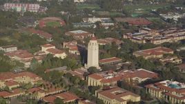 5K aerial stock footage of flying away from Hoover Tower and Stanford University, Stanford, California Aerial Stock Footage | DFKSF12_026