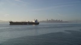 5K aerial stock footage of an approach to an oil tanker on San Francisco Bay, San Francisco, California Aerial Stock Footage | DFKSF13_003