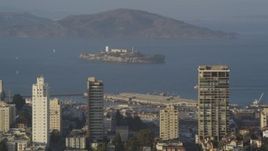 5K aerial stock footage of a view of Alcatraz prison from Russian Hill,  San Francisco, California Aerial Stock Footage | DFKSF13_027