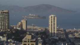 5K aerial stock footage of Alcatraz island prison seen from Russian Hill, San Francisco, California Aerial Stock Footage | DFKSF13_028