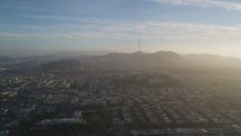 5K aerial stock footage of approaching Sutro Tower, shrouded in haze in San Francisco, California Aerial Stock Footage | DFKSF13_040