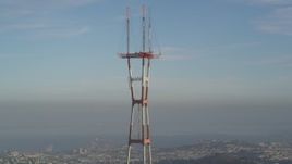 5K aerial stock footage of orbiting the top of Sutro Tower in San Francisco, California Aerial Stock Footage | DFKSF13_044