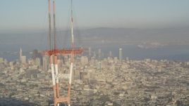 5K aerial stock footage of orbiting top of Sutro Tower, revealing Downtown San Francisco, California Aerial Stock Footage | DFKSF13_045