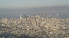 5K aerial stock footage of a wide view of skyscrapers in downtown seen from Sutro Tower, Downtown San Francisco, California Aerial Stock Footage | DFKSF13_046