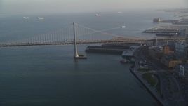 5K aerial stock footage of approaching the Bay Bridge in San Francisco, California Aerial Stock Footage | DFKSF13_060