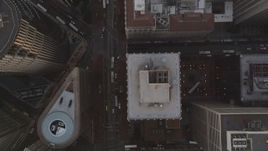5K aerial stock footage of a bird's eye view of city streets in Downtown San Francisco, California, sunset Aerial Stock Footage | DFKSF14_017