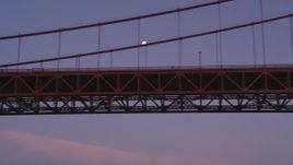 5K aerial stock footage flyby Golden Gate Bridge, moon visible between cables, San Francisco, California, twilight Aerial Stock Footage | DFKSF14_033