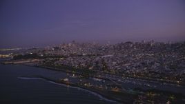 5K aerial stock footage of a view of the city skyline of Downtown San Francisco, California, twilight Aerial Stock Footage | DFKSF14_055