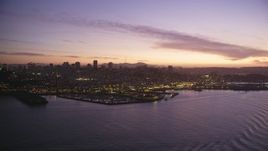 5K aerial stock footage of flying by Fisherman's Wharf in San Francisco, California, twilight Aerial Stock Footage | DFKSF14_058