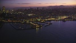 5K aerial stock footage of flying by Pier 39 and Fisherman's Wharf, San Francisco, California, twilight Aerial Stock Footage | DFKSF14_061