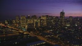 5K aerial stock footage of flying by skyscrapers at twilight in Downtown San Francisco, California Aerial Stock Footage | DFKSF14_063