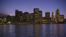 5K aerial stock footage approach waterfront skyline from the Bay, Downtown San Francisco, California, twilight Aerial Stock Footage | DFKSF14_069