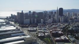 5K aerial stock footage of flying by Transamerica Pyramid and skyscrapers in Downtown San Francisco, California Aerial Stock Footage | DFKSF15_016