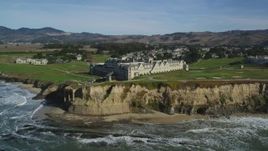 5K aerial stock footage flyby The Ritz Carlton hotel on coastal cliffs, Half Moon Bay, California Aerial Stock Footage | DFKSF15_075