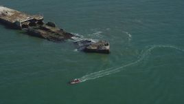 5K aerial stock footage orbit the SS Palo Alto shipwreck, and tilt to reveal Seacliff State Beach, Aptos, California Aerial Stock Footage | DFKSF15_145