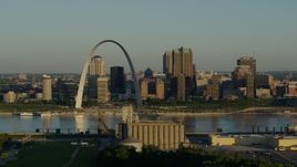 5.7K aerial stock footage of The Arch and city skyline across the Mississippi River, sunrise, Downtown St. Louis, Missouri Aerial Stock Footage | DX0001_000511