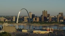 5.7K aerial stock footage of The Arch and skyline seen from across the Mississippi River at sunrise, Downtown St. Louis, Missouri Aerial Stock Footage | DX0001_000513