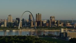 5.7K aerial stock footage of the Arch and city skyline along the Mississippi River, sunrise, Downtown St. Louis, Missouri Aerial Stock Footage | DX0001_000515
