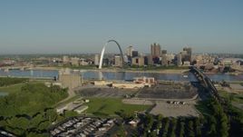 5.7K aerial stock footage of Gateway Arch and skyline seen from East St. Louis, Downtown St. Louis, Missouri Aerial Stock Footage | DX0001_000537